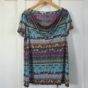 Le Grenier Boho Ethnic Print Tunic Top with Cowl Neck –size L